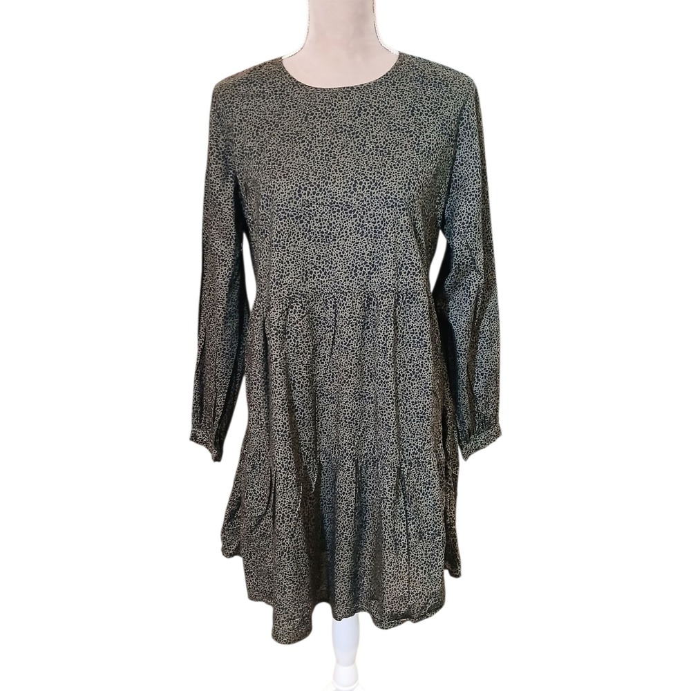 Mud Pie Tiered Animal Print Long Sleeve Dress Womens Medium Boho